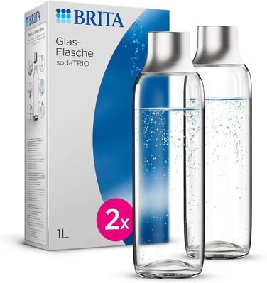 Скляна пляшка BRITA для SodaTRIO Maker (1 л), 2 упаковки змінні пляшки легкі, елегантні скляні пляшки для води в подвійній упаковці/пляшках для газованої води з полірованою кришкою з нержавіючої сталі