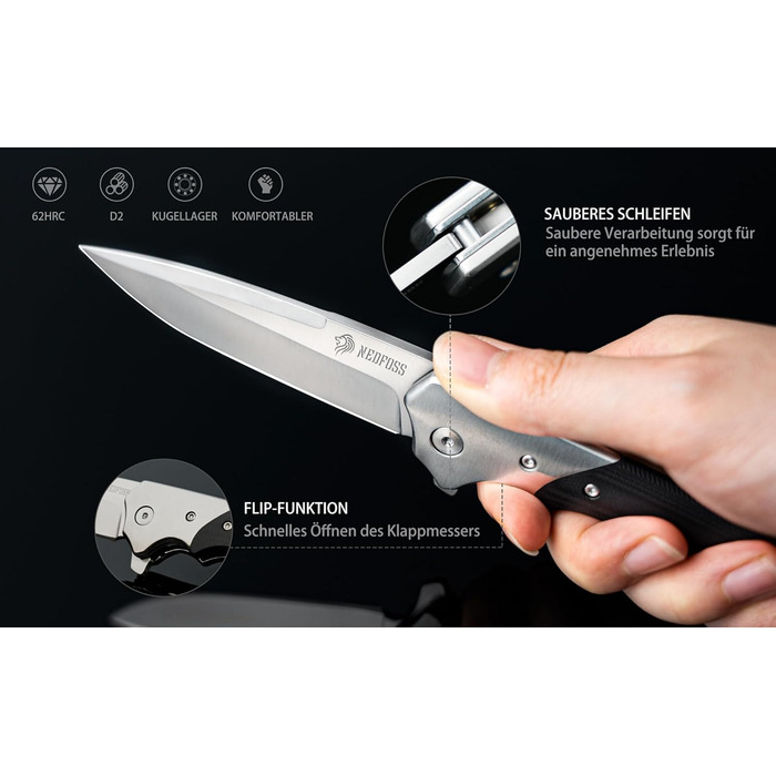 Складаний ніж NedFoss SWAN, ніж для виживання зі сталі d2 9,3 см з рукояткою G10, одноручний ніж, гострий кишеньковий ніж з кріпле