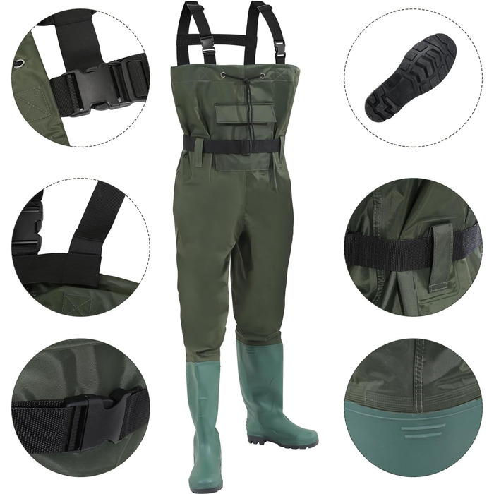 Вейдерси, водонепроникні рибальські вейдерси з нейлону 70D, композитні ПВХ, рибальські штани з нековзними гумовими чобітьми, вейдерси для ставка, вейдерси для захисту від повені, для будівельних майданчиків, риболовлі, ферм, садів, розмір 45 з гачками