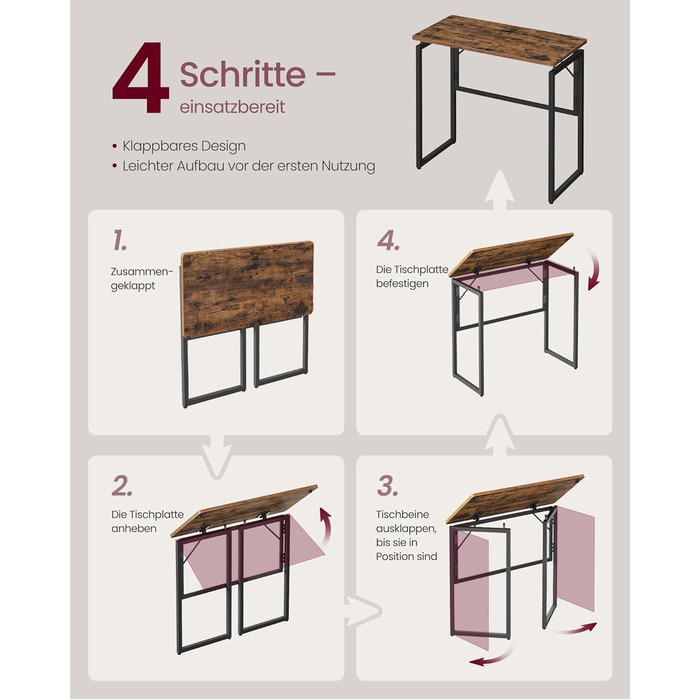 Складаний стіл, Невеликий складаний стіл, Комп&39ютерний стіл, Цільна стільниця, Закруглені кути, Стіл для домашнього офісу, Спальня, 80 x 40 см, Вінтажний коричневий LWD151KD01 80 x 40 см Вінтажний коричневий