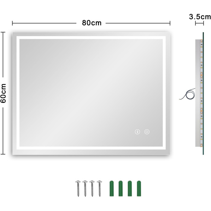 Дзеркало для ванної кімнати Dripex з підсвічуванням Світлодіодне дзеркало з сенсорним перемикачем, з можливістю затемнення, 3 дзеркала для ванної кімнати з регулюванням кольору світла з підсвічуванням, проти запотівання 60 x 80 см проти запотівання 3 коль