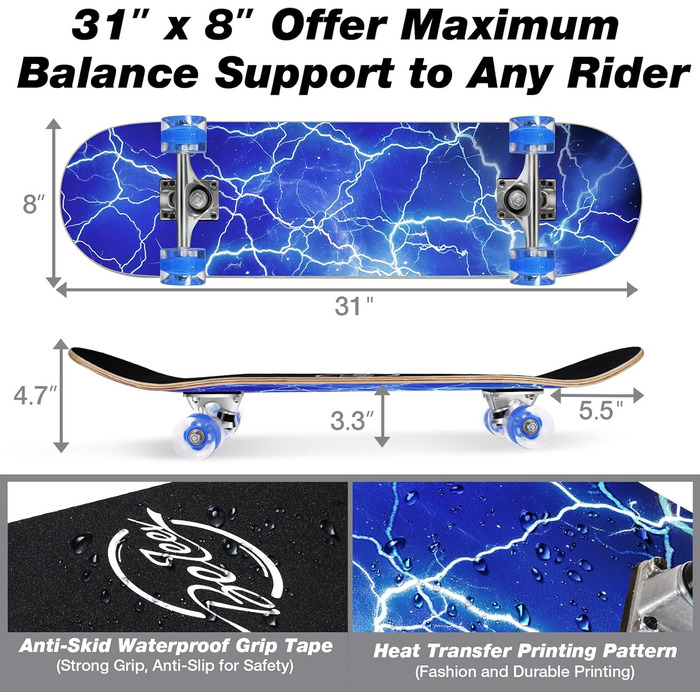 Дюймів Повний круїзерний скейтборд для дітей, підлітків та дорослих, 7-шарова увігнута дека з канадського клена Double Kick з універсальним T-Tool для початківців, колір Ocean Blue, 38