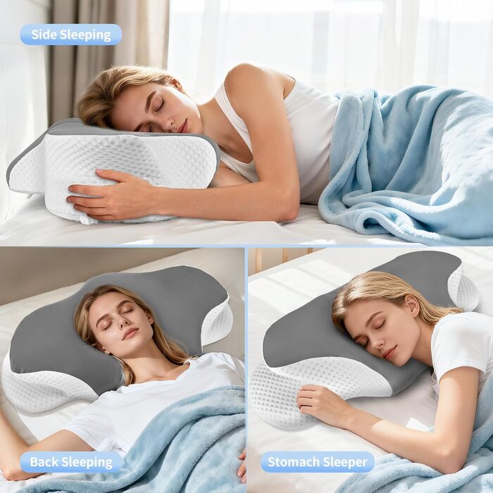 Подушка для шиї, подушка з піни з ефектом пам&39яті, ергономічна подушка для сну на боці, спині та животі з 2 знімними чохлами, сіра