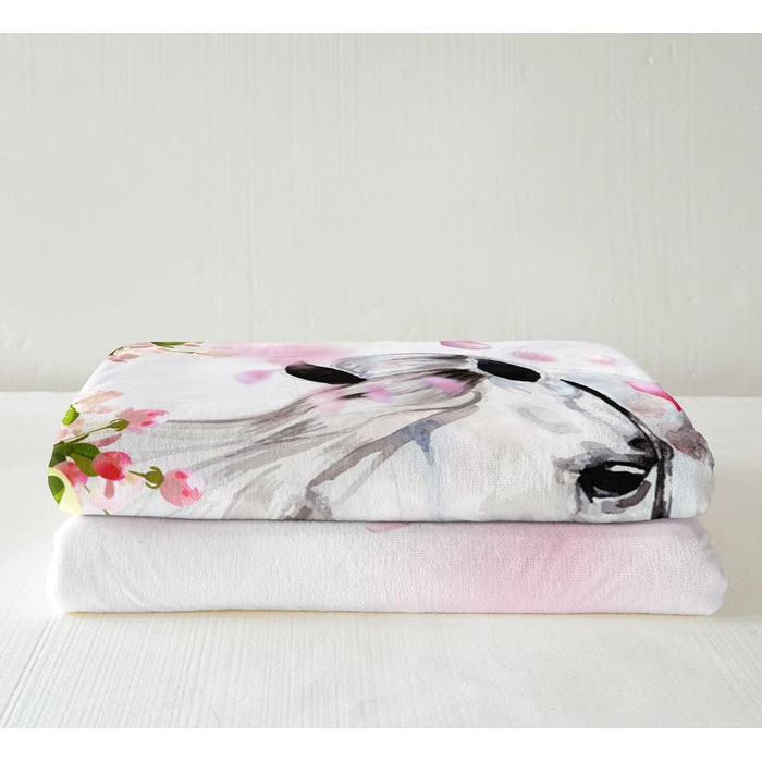Флісова ковдра Tbrand White Horse з рожевими квітами, акварельний дизайн дикої природи, 130x150 см, для ліжка, дивана, кушетки, декору спальні, фланелева флісова ковдра з зображенням дикої природи