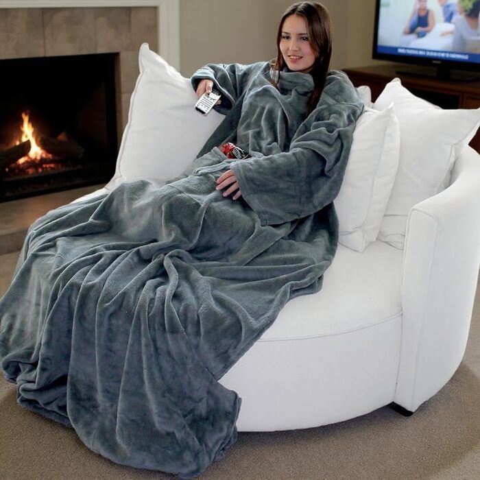 Пухнастий плед для телевізора Brandsseller з рукавами 170x200 см, з кашеміру - накидка на ніжки та 2 кишені - м&39який плед, покривало сірого кольору 170x200 см сірого кольору