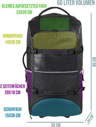 Дорожня сумка normani Backpacker - візок з фронтальним завантаженням та багатьма кишенями, 60 літрів, чорна, водонепроникна