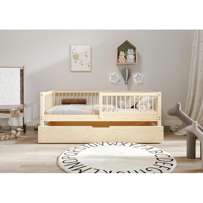 Дитяче ліжко 80x160 з шухлядою - Нефарбоване дерев&39яне ліжко - Односпальне ліжко для дітей з рейковою основою та знімними захисними поручнями - Вантажопідйомність до 100 кг - виготовлено з сосни 1 класу 80x160 Нефарбована деревина
