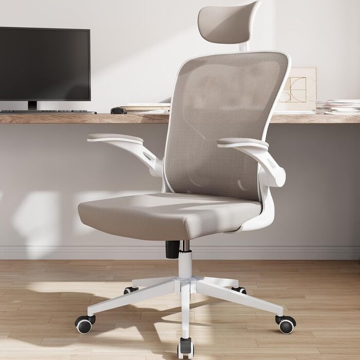 Ергономічне офісне крісло Monhey, висока спинка, сітчаста тканина, комп&39ютерне крісло з відкидними підлокітниками, регульованою поперековою опорою та підголівником, обертове крісло для дому та офісу 01beige
