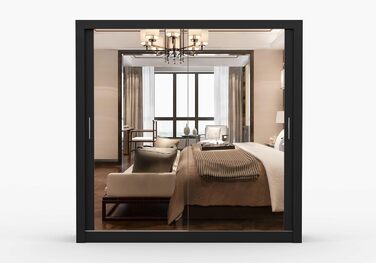 Шафа з дзеркалом - Шафа з розсувними дверима - Шафа для спальні - 64 x 203 x 215 см - Шафа для вітальні - Вішалка для одягу, Шафа з двома дверима, Сучасна 200 см Чорного кольору