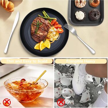 Набір посуду для кемпінгу з нержавіючою сталлю, міцний пластиковий посуд, легкий, яскравий та багаторазовий для пікніків, барбекю та саду, придатний для миття в посудомийній машині, чорний