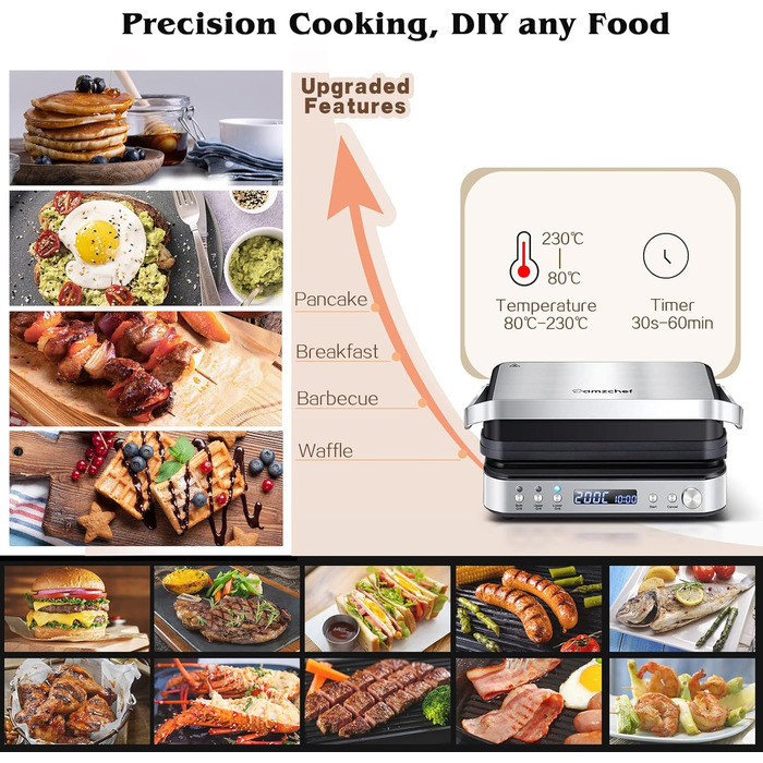 Машина AMZCHEF 4-в-1 (контактний гриль, сковорода, вафельниця, бутербродниця) - 2000 Вт, з 4 знімними пластинами з антипригарним покриттям, з вільно регульованим часом і температурою - XXL клас енергоспоживання A