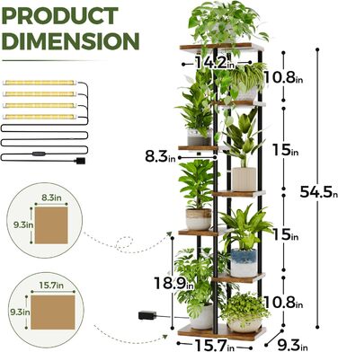 Підставка для квітів Bamworld з підсвічуванням для рослин, 7-рівнева кутова полиця для рослин з дерева та металу, міцний тримач для кімнатних рослин для вітальні, балкона, спальні, прикраса полиці для рослин, 7 рівнів