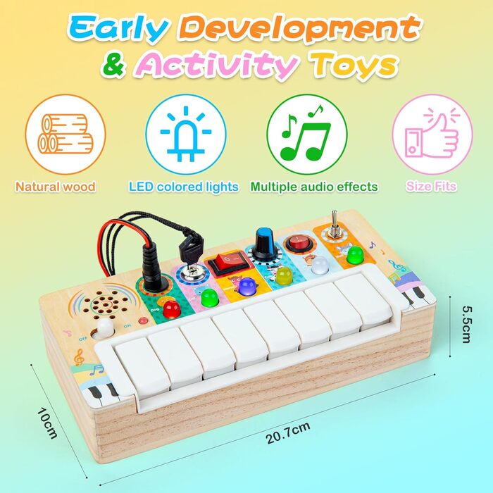Дерев'яна іграшка Монтессорі SLEMAKO з дошкою Busy Board, світлодіодним підсвічуванням та електронним піаніно, розвиваюча іграшка, музична іграшка, подарунки для хлопчиків та дівчаток віком від 3 років на Різдво та дні народження