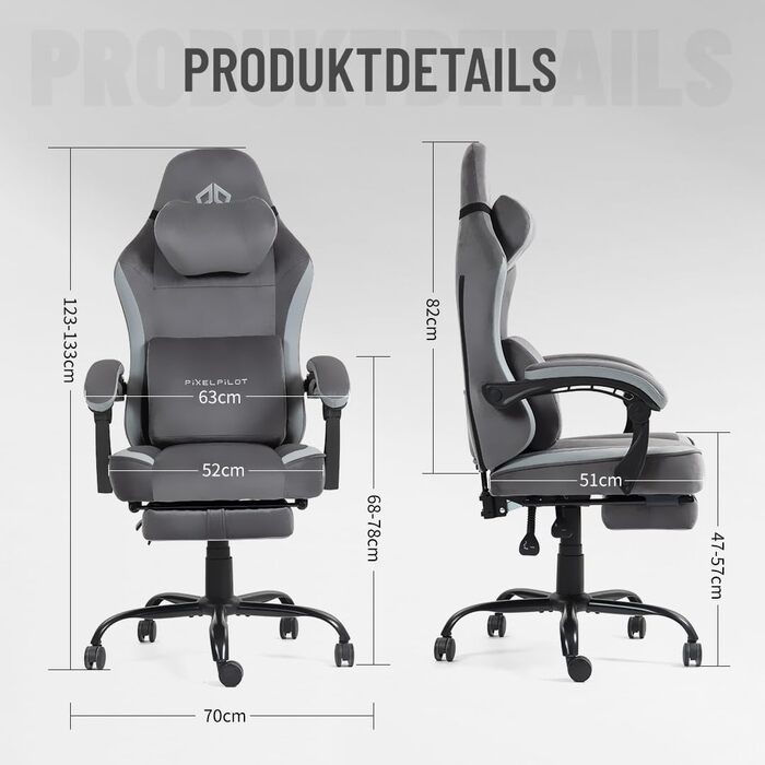 Ергономічне ігрове крісло PixelPilot Дихаюча тканина Крісло з підставкою для ніг, підголівником та поперековою опорою, ігрове ПК-крісло Широке сидіння Офісне крісло вантажопідйомністю 150 кг (Nebula, чисто сірий) Чисто сірий Nebula