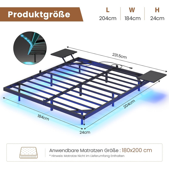 Каркас ліжка AOGLLATI 180x200, Металеве ліжко зі світлодіодним освітленням та зарядною станцією, Плаваючий каркас ліжка з полицями для зберігання, Металеве ліжко з рейковою основою, Двоспальне ліжко, Чорний (матрац не входить до комплекту), 180 x 200 см, 