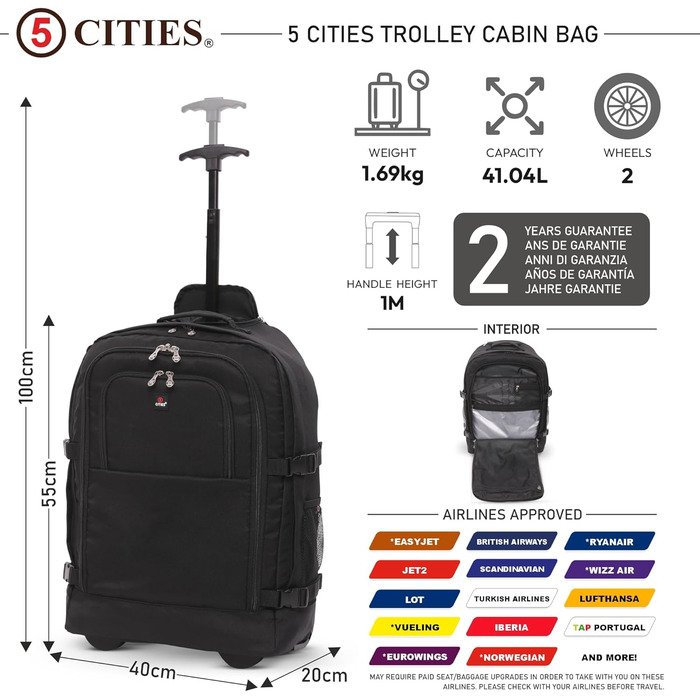 Рюкзак 5 Cities 55 см, сумка на візках, ручна поклажа, легкий, схвалений для використання в кабіні літака, з плечовими ременями, на колесах, валіза, ручна поклажа, чорний колір V2