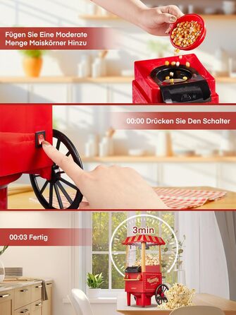 Машина для приготування попкорну HOUSNAT Гаряче повітря - Ретро маленька машина для приготування попкорну - Знежирена безолійна та здорова закуска Mas - Машина для приготування попкорну 1200 Вт для дому - Ніч кіно та Різдво - Червоний