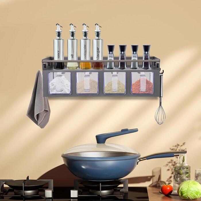 Підвісний органайзер для спецій з 4 знімними підставками для спецій, настінна кухонна підставка для солі, перцю, цукру, спецій (сіра)