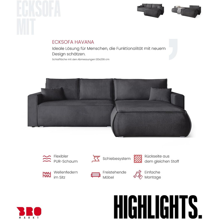 Диван з функцією сну, диван L, засіб для чищення оббивки, диван-ліжко з місцем для зберігання, розкладний диван для вітальні, окремостоячий диван, диван Havana Relax, 3-місний, 270x173x80 см, сірий