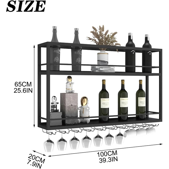 Промислова настінна винна підставка з тримачем для келихів, чорний металевий тримач для пляшок, багатофункціональна винна підставка, 2-ярусна, для домашнього бару, їдальні, кухні (1002065 см)