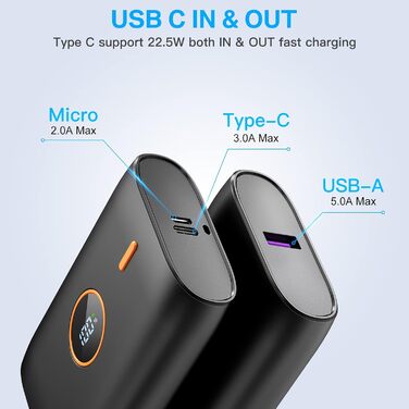 Маленький, але потужний USB C зі світлодіодним дисплеєм Power Bank, портативний Power Bank без кабелю, зовнішній акумулятор підходить для телефону iPad Huawei XiaoMi Samsung та інших, 10000 mAh, PD 22.5W