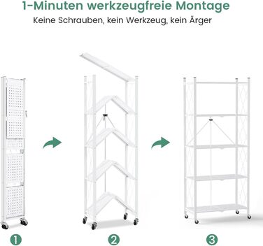 Складана полиця ALANNG на колесах - Окремостояча полиця з 5 полицями, Металева книжкова полиця - Міцна та без складання - Для кухні, вітальні, підвалу, офісу - Біла 154 x 62 x 29,5 см