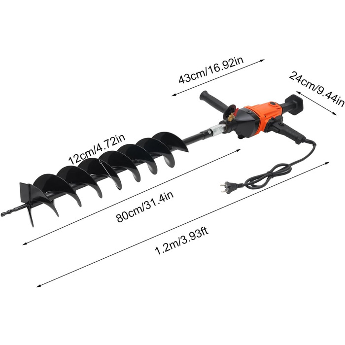 Електричний земляний шнек 1900w земляний бур, земляний отвір шнекового бура, з 1 * 120мм свердлом з подвійним лезом, для копачів ям, сільського господарства, лісового господарства, помаранчевий