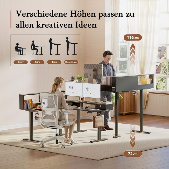 Г-подібний письмовий стіл Klicelor з регульованою висотою та шухлядами, 160 x 140 см, кутовий стіл з підставкою для монітора, комп&39ютерний стіл з функцією сидячи/стоячи з розетками та світловою стрічкою, чорний 160 x 140 см з вилкою та світлодіодним під