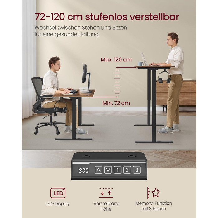 Електричний стіл VASAGLE з регульованою висотою, каркас столу, підставка для столу, без стільниці, з 2 гачками, функція пам&39яті з 3 висотами, сталь, чорний колір LSD021B01V2 1 чорний колір