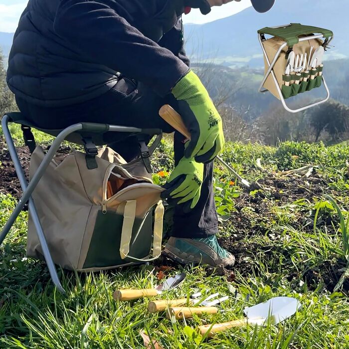 Складаний садовий табурет BIKAIN набір інструментів сумка для зберігання на блискавці включає 5 інструментів з деревяними ручками, коричневий