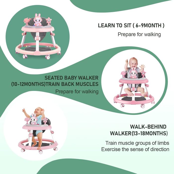 Дитячі ходунки 3 в 1 з килимком на підлозі, шасі з 6 коліс та захистом від перекидання, регульована висота, ходунки з музичним підносом та іграшками, складаються для зручного зберігання, ідеально підходять для хлопчиків, рожеві