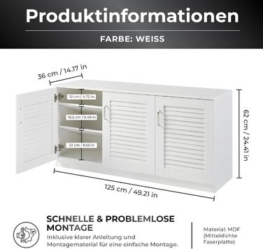 Взуттєва шафа Løten, полиця для взуття з 3 дверцятами та 6 полицями, відділення для взуття, 125 x 36 x 62 см, вміщує до 12 пар взуття, біла, 125 x 36 x 62 см