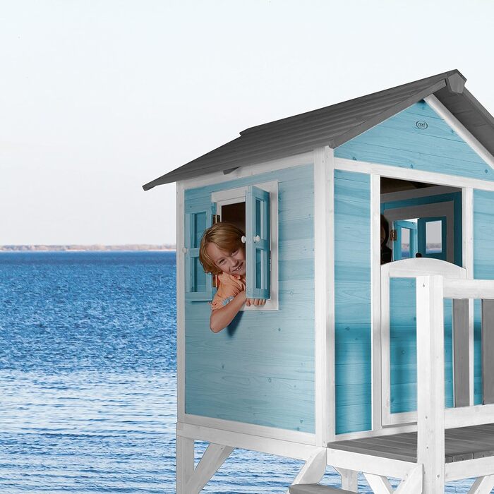 Ігровий будиночок AXI Beach Lodge XL синього кольору з гіркою сірого кольору Будиночок на палях з деревини FSC для дітей Маленька ігрова вежа для саду.