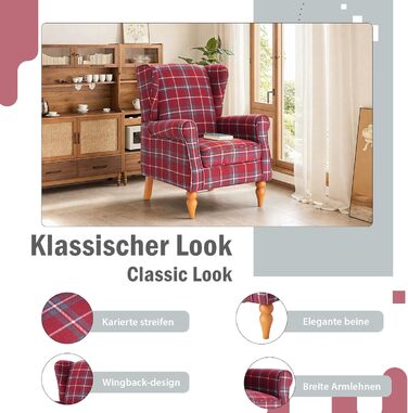 Крісло з відкидною спинкою, вінтажне крісло з дерев&39яними ніжками, м&39яке крісло-реклайнер, крісло для вітальні, спальні, лляне (червоне)