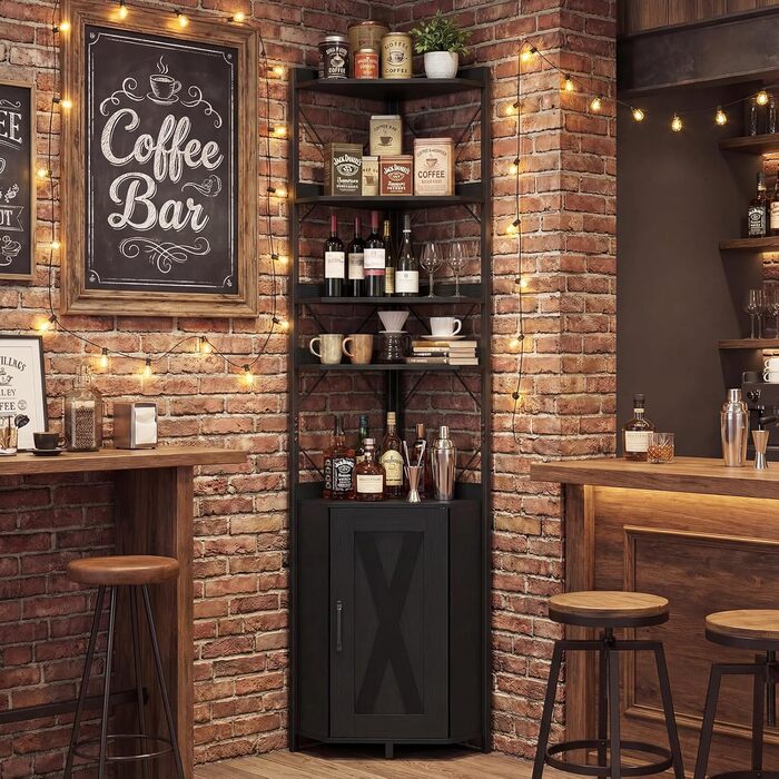 Кутова стелажна тумба GIANTEX з шафою та 6 полицями, кутова шафа заввишки 180 см з 5-ярусними регульованими полицями, окремостояча кутова вітрина з дверима, полиця для зберігання в індустріальному стилі (чорна)