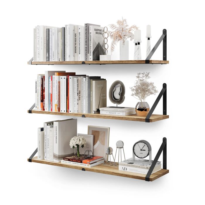 Настінні плаваючі книжкові полиці CASSA ZENO, комплект з 3 шт. , 80 см x 20 см, книжкова полиця для спальні, вітальні, офісу, ванної кімнати, кухні, дерев&39яна, рустикальна, з металевим кронштейном (натуральний колір), натуральний колір, 3 20 Г x 80 Ш x 