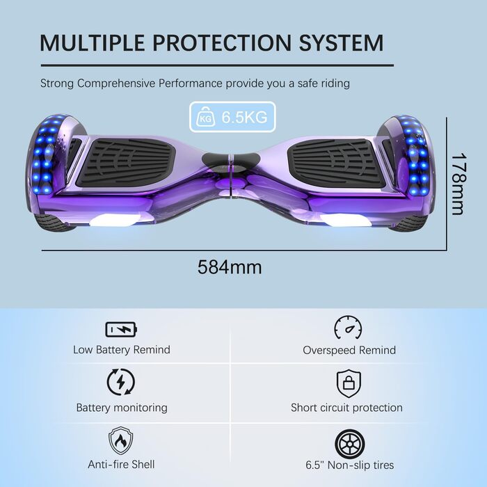 Гіроскутер RCB із сидінням – комплект для дітей, скейтборд з ховеркартом, з Bluetooth та світлодіодними ліхтарями, подарунок для дітей, фіолетово-чорний