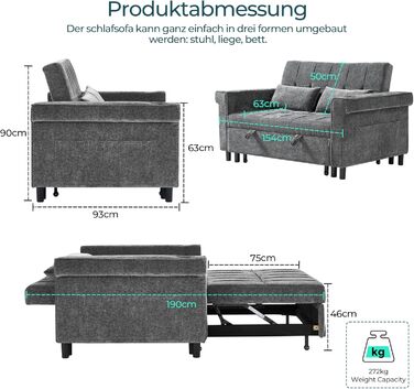 Розкладний диван LINSY HOME 3-в-1, 2-місний диван з функцією сну, розкладний диван-ліжко з шенілу з подушками, бічною кишенею та підставкою для чашок - спальне місце 120 x 190 см сірого кольору 120 x 190 см