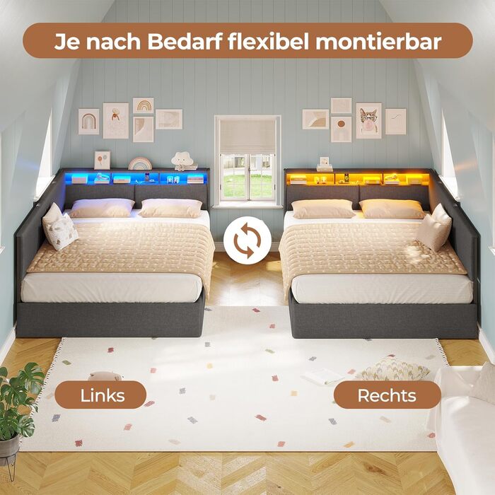 М&39яке ліжко-диван-ліжко 140x200 з USB-розетками та гідравлічним відділенням для зберігання, Ліжка 140x200 зі світлодіодним узголів&39ям та рейковою основою, Дитяче ліжко-кушетка, Двоспальне ліжко, Льняне, Темно-сірий (без матраца) 140 x 200 см Темно-сір