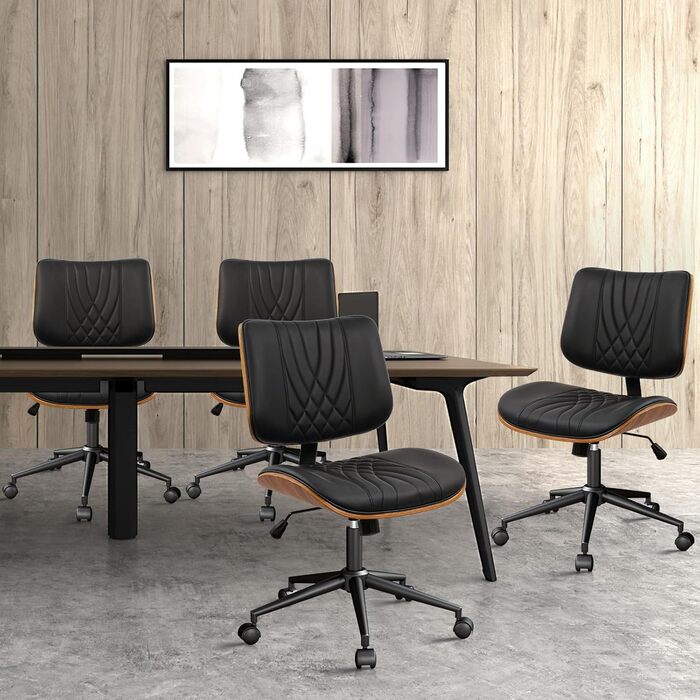 Офісне крісло CLATINA без підлокітників, стілець для столу з колесами, регульоване по висоті шкіряне поворотне комп&39ютерне крісло із середньою спинкою, сучасний стиль горіхового дерева для домашнього офісу, конференц-зал, чорний, комплект з