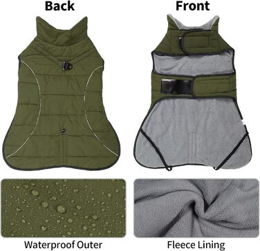 Куртка для собак LIANZIMAU, водонепроникна, світловідбиваюча, для холодної погоди з м&39якою флісовою підкладкою, тепла, XL, оливково-зелена