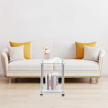 Журнальний столик Relaxdays з колесами, квадратний, скло та сталь, прозорий/сріблястий Мобільний журнальний столик, 2 полиці, вітальня