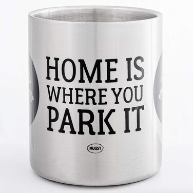 Емальована кружка MUGSY, Дім там, де ви її паркуєте, мотив Vanlife, 330 мл, біла, ударостійка та легка з нержавіючої сталі, для кемпера