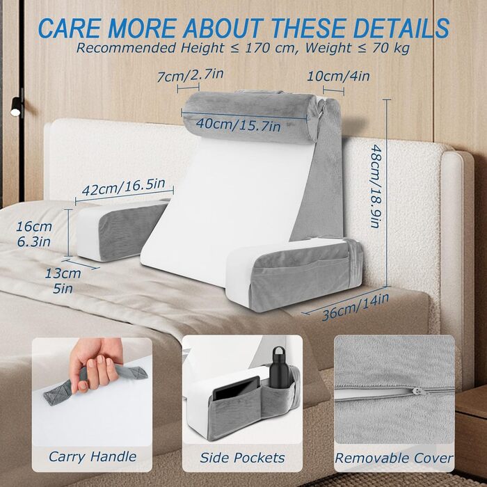 Подушка для читання HOMCA для ліжка та дивана, подушка для книги зі знімним валиком для шиї та підлокітником, подушка для спини для ліжка, настінна подушка, багатофункціональна клиноподібна подушка для читання, роботи, перегляду телевізора (36x40x48 см)