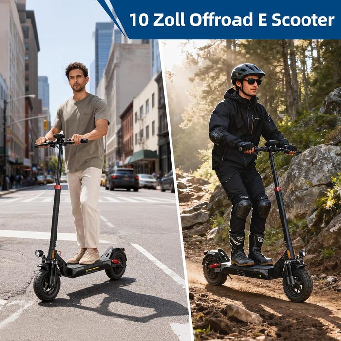 Електросамокат з допуском до дорожнього руху, 10-дюймові позашляхові пневматичні шини з подвійною системою амортизації, акумулятор 12,5 Аг із запасом ходу 6070 км, РК-панель приладів, максимальне навантаження 150 кг, смарт-застосунок.