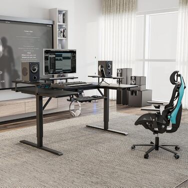 Електричний стіл з регульованою висотою 190110 см U-подібний ігровий стіл Великий кутовий стіл з регульованою висотою з підставкою для клавіатури, комп&39ютерний стіл з 3 підставками для світлодіодних моніторів ERK-U71-B-2-EU Чорний