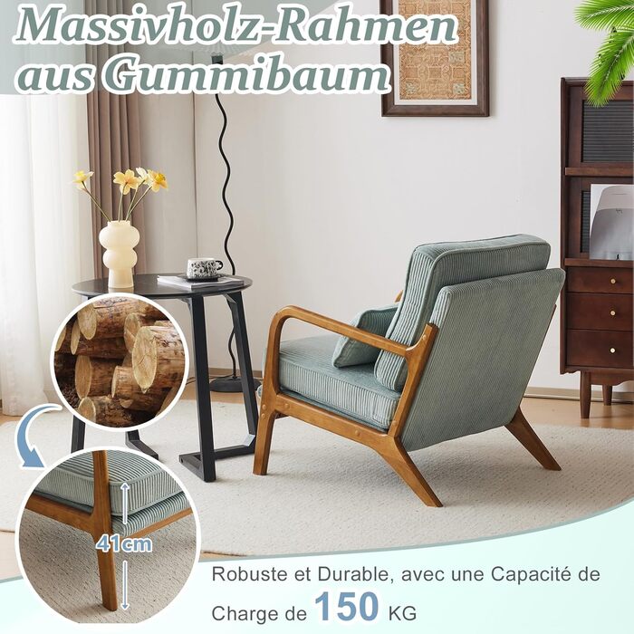 Крісло Bonnlo, м&39яке коктейльне крісло, сучасне крісло для відпочинку, крісло з відкидною спинкою для вітальні, м&39яке крісло з масиву дерева, крісло для читання, вантажопідйомність до 200 кг, вельветова тканина (синій колір)