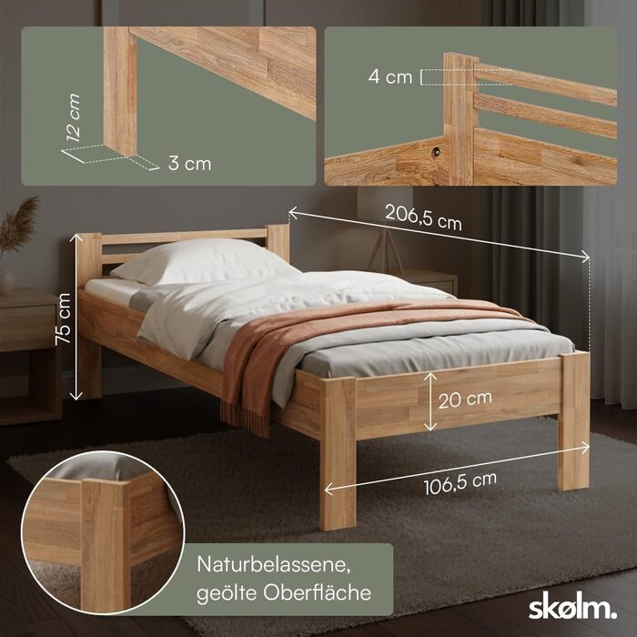 Ліжко Skølm Fenrir з масиву дерева 100x200 см односпальне ліжко з дуба ліжко для людей похилого віку з піднятим входом ліжко з натурального дерева, покритого олією каркас ліжка заввишки 51 см дерев&39яний каркас ліжка з узголів&39ям ліжко 100x200 см