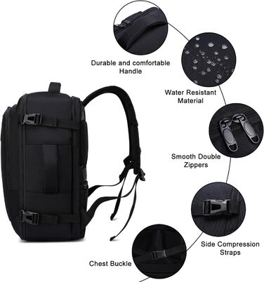 Рюкзак для ручної поклажі 40x30x20 см для Ryanair, 40x30x25 см для Eurowings, невеликий дорожній рюкзак об&39ємом 24 л, ручна поклажа, рюкзак для ноутбука для чоловіків та жінок, чорний. Black-b 40x30x20 см (24 л)