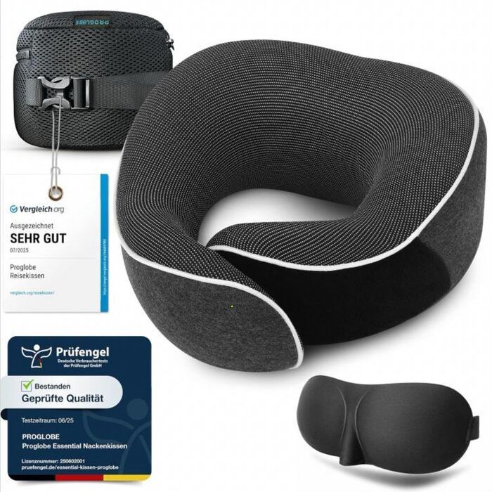 Подушка для шиї Proglobe для літаків, дорожня подушка 100 піна з ефектом пам&39яті, ортопедична підтримка шиї, для подорожей літаком, автомобілем, поїздом, з 3D-маскою для сну, високоякісна сітчаста сумка (темно-сірий колір)